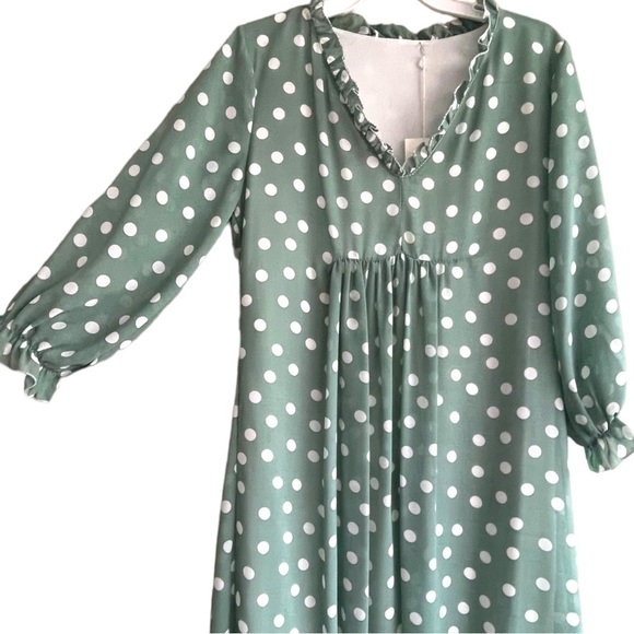 Cloe Italy Green Cream Polka Dot Chiffon Babydoll Ankle Dress NWT Mini - Picture 5 of 5